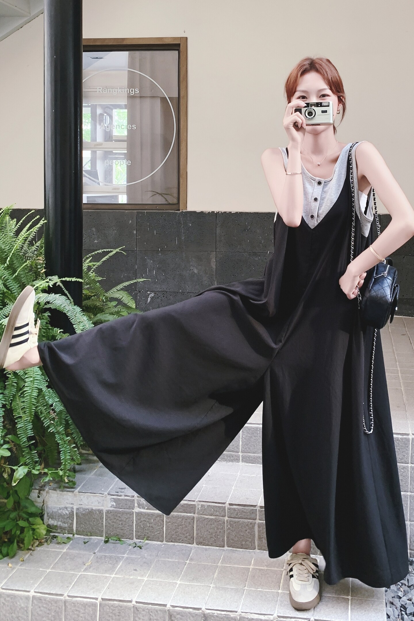 黑色阔腿宽松连体裤休闲裤女2025夏季新款减龄假两件无袖吊带裤子,女装连体裤,2C069