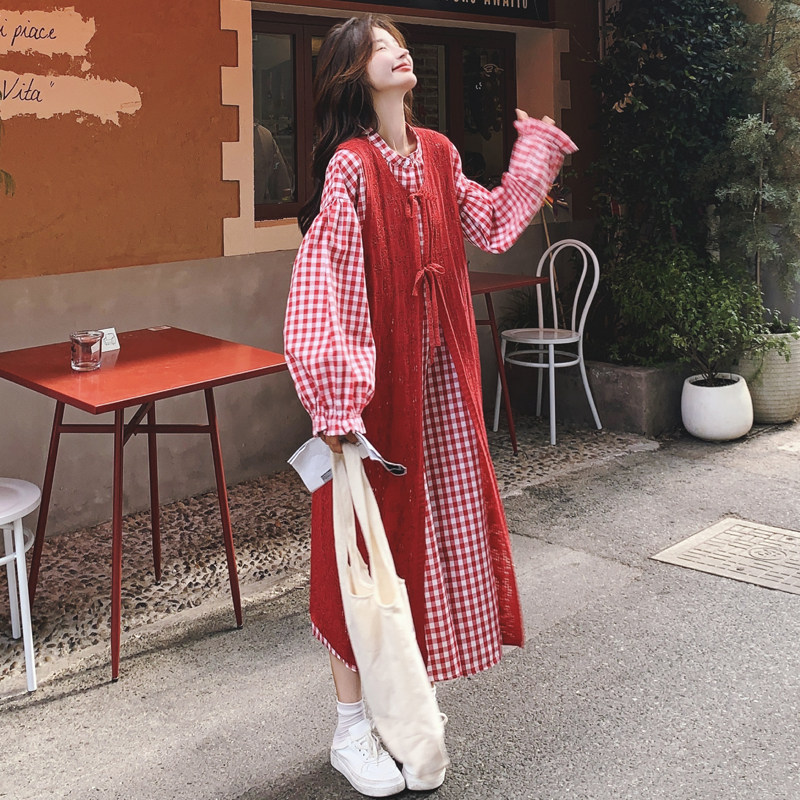 红色新中式开衫套装春秋女2025新款复古学院减龄格纹衬衫裙两件套,女装套装/套裙,2C069