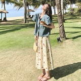 2025新款夏季复古风小飞袖宽松显瘦牛仔衬衫碎花半身裙两件套女，女装套装/套裙，2C069