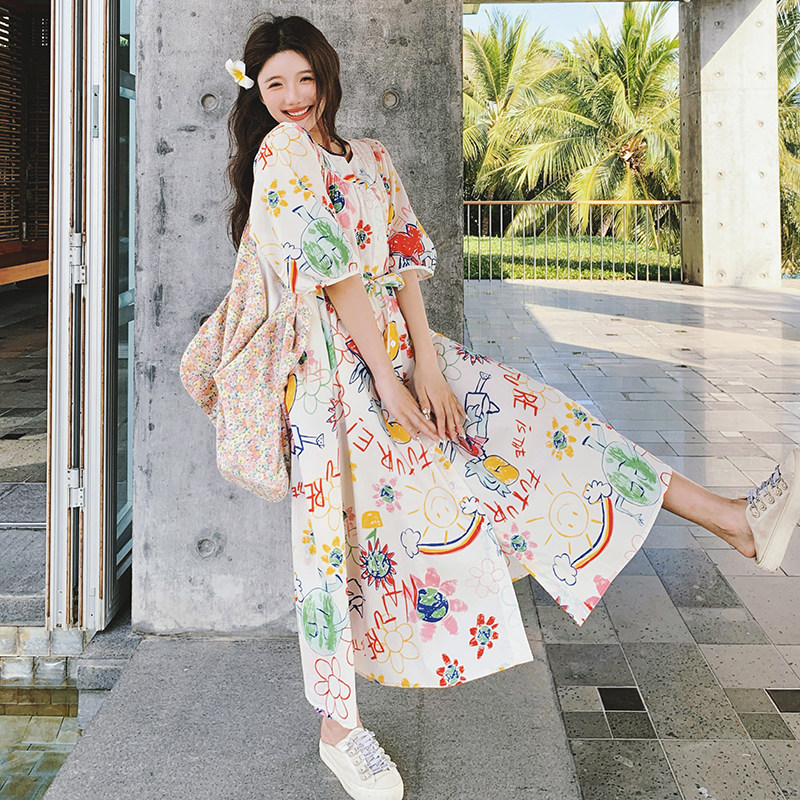 韩版俏皮减龄涂鸦连衣裙女2025夏季新款宽松慵懒风宽松显瘦长裙子图片