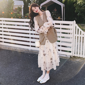 法式水墨画连衣裙套装女2024春秋新款设计感气质马甲两件套裙子图片