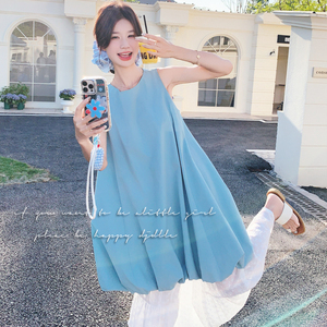 法式蓝色无袖背心连衣裙阔腿裤两件套女夏季2025新款气质花苞短裙图片