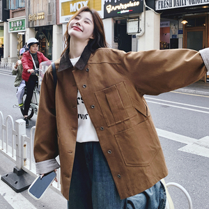焦糖色复古撞色拼接设计感工装外套女2025秋新款宽松时尚翻领上衣图片