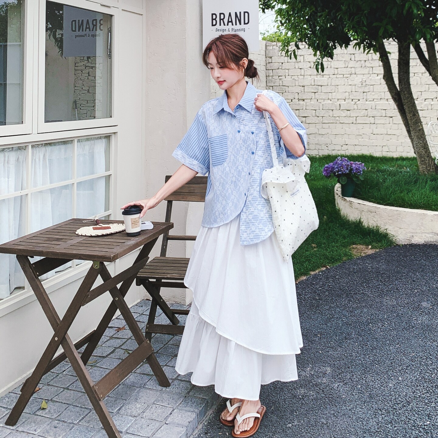 蓝色条纹衬衫套装裙女2025年夏季新款韩系减龄不规则半身裙两件套,女装套装/套裙,2C069