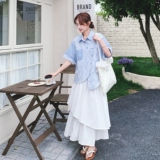 蓝色条纹衬衫套装裙女2025年夏季新款韩系减龄不规则半身裙两件套，女装套装/套裙，2C069