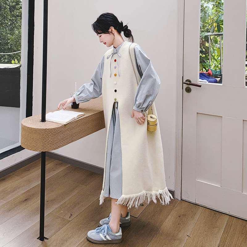 针织背心连衣裙叠穿套装女2025春季新款法式文艺范衬衫长裙两件套,女装套装/套裙,2C069