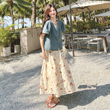 2025新款夏季复古风小飞袖宽松显瘦牛仔衬衫碎花半身裙两件套女，女装套装/套裙，2C069