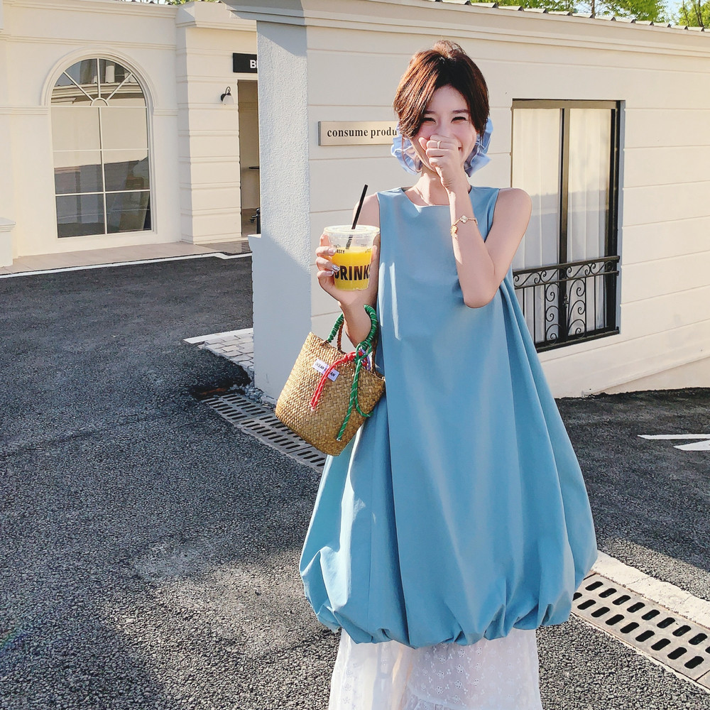 法式蓝色无袖背心连衣裙阔腿裤两件套女夏季2025新款气质花苞短裙,女装套装/套裙,2C069