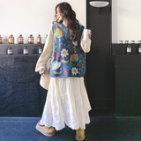 文艺复古针织马甲连衣裙女2025春季新款超好看绣花长裙，女装套装/套裙，2C069