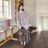 【】蕾丝拼上衣+格纹半身裙+吊带毛衣3件套6090-P215K348，女装套装/套裙，2C069