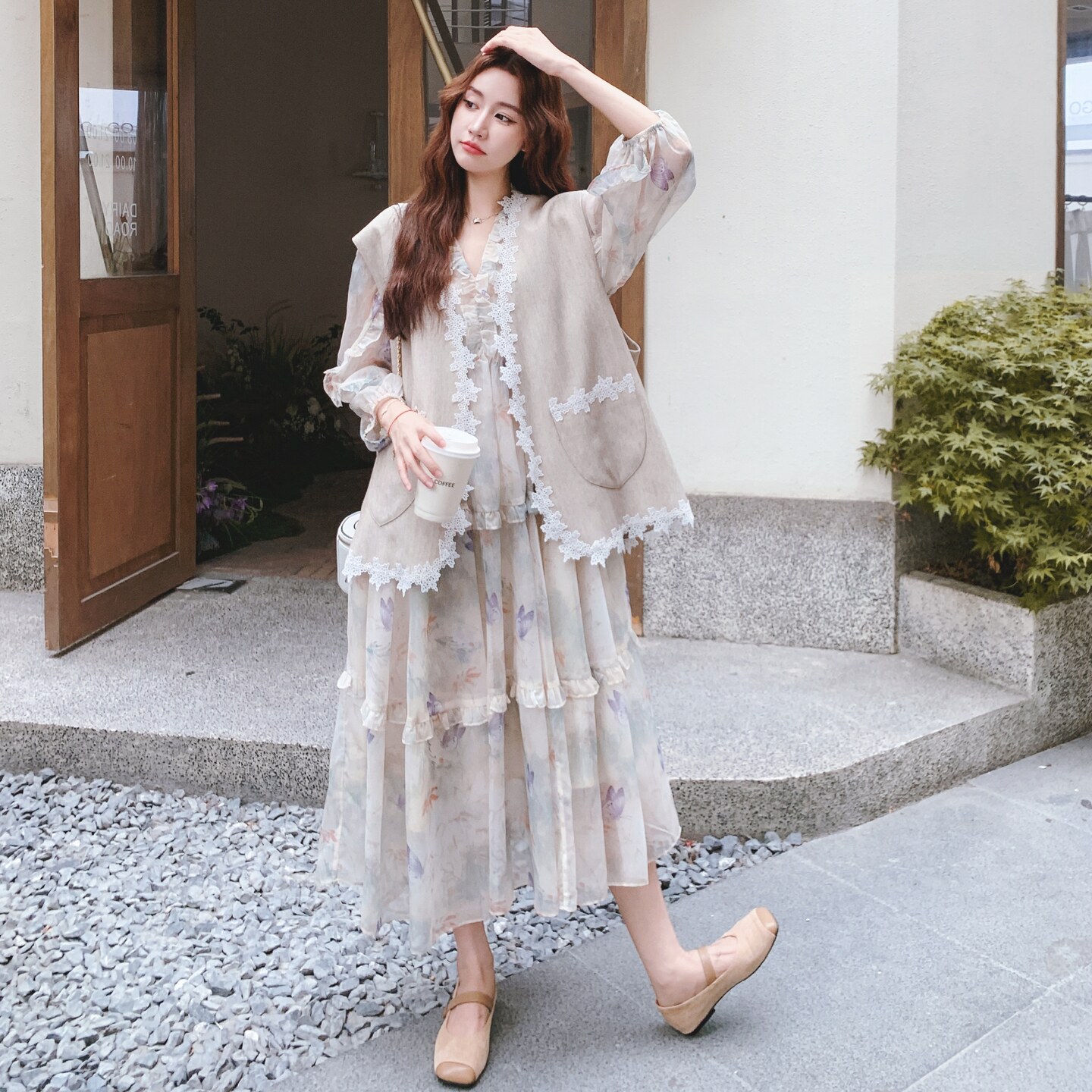 【xian货】法式绝美印花连衣裙+花边马甲套装F653-P195K288,女装套装/套裙,2C069
