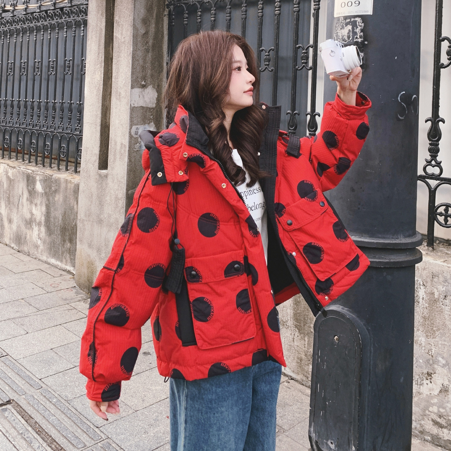 【大货】红色印花波点短款工装羽绒服50绒Y130-P285K428,女装羽绒服,2C069
