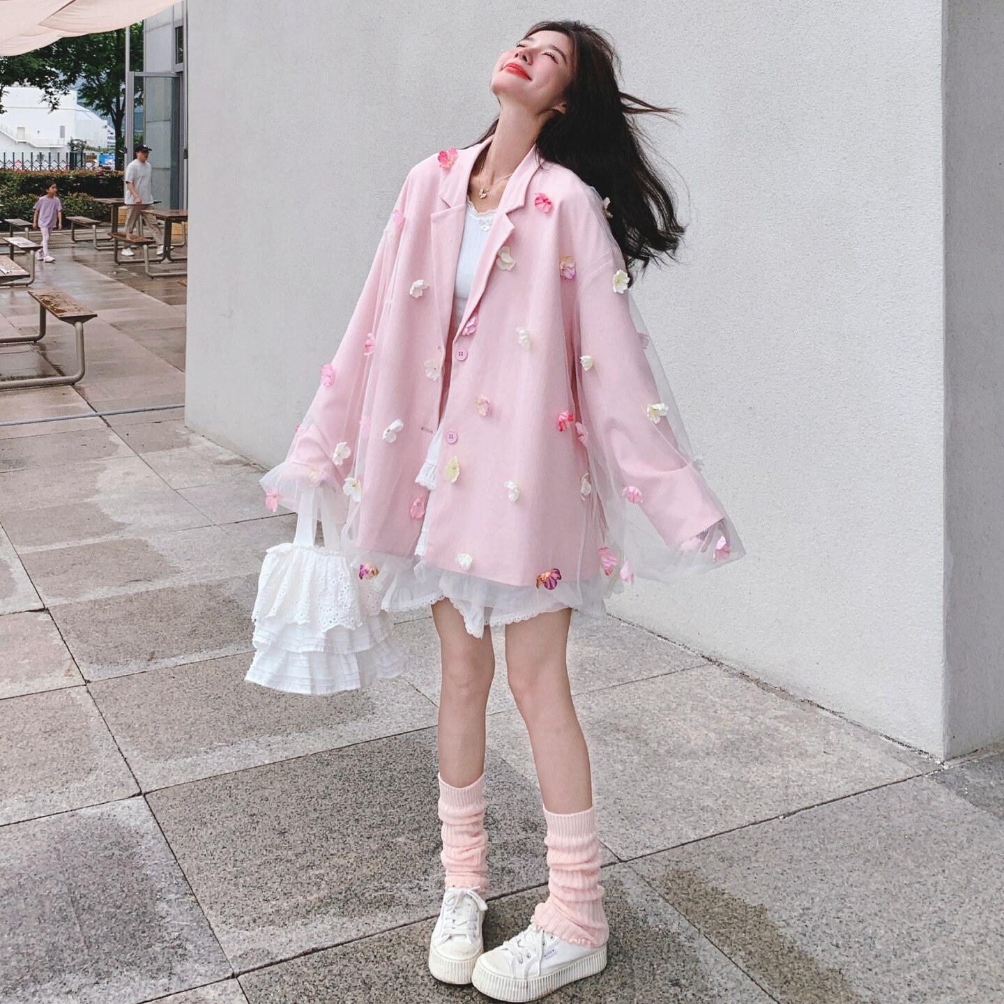 粉色立体花朵西装外套女2025秋季新款设计感甜美宽松薄纱小西服潮,女装西装,2C069