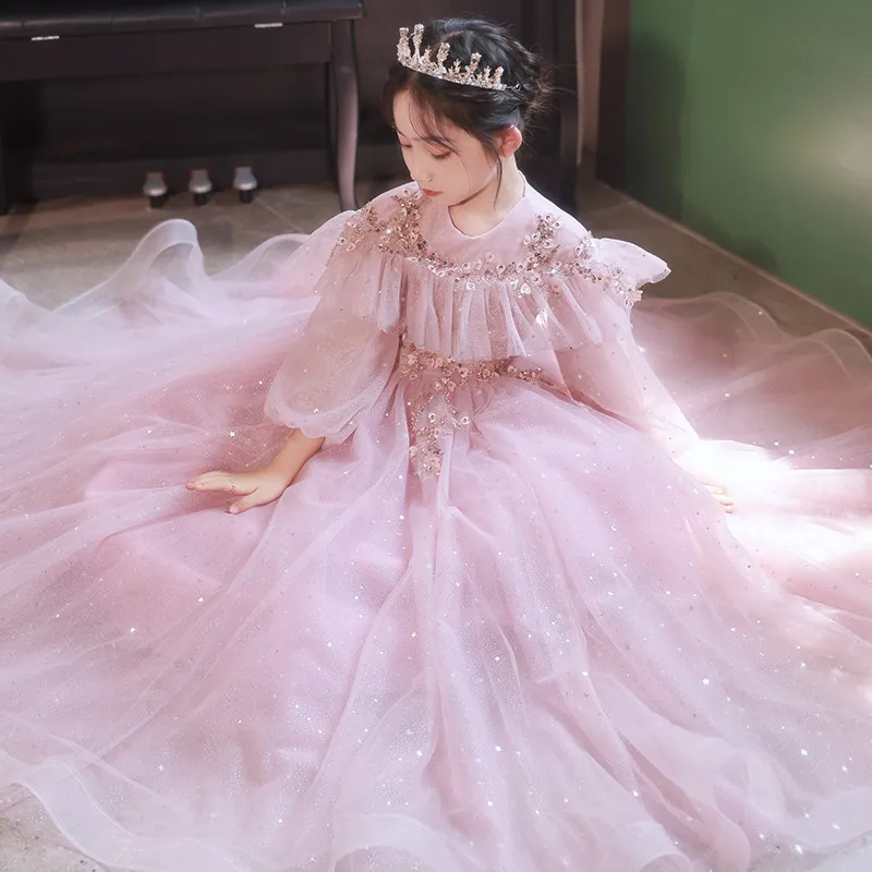 女童礼服公主裙粉色2025新款春夏女孩生日宴花童婚礼主持人演出服