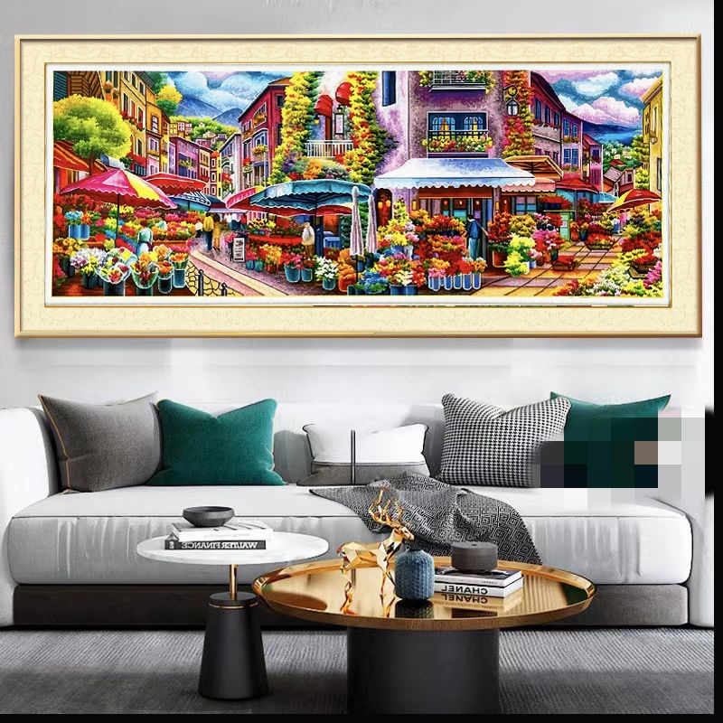 2024新款浪漫花市金丝布124色满绣风景画十字绣爆款刺绣简约