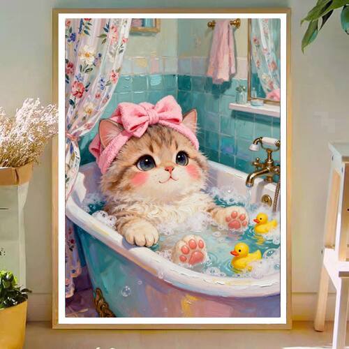 原创版权粉色蝴蝶结小猫泡泡浴十字绣小黄鸭卡通治愈系小幅装饰画
