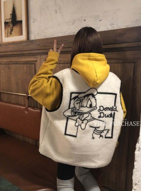 冬季ELF家韩国东大门 唐老鸭卡通印花宽松 羊羔毛马甲背心坎肩女