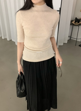 秋上新！4.4%绵羊毛）韩国 气质简约百搭超弹力中袖半高领针织衫