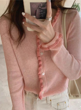 秋上新！ER家韩国东大门ins木耳卷边显瘦甜美短款针织开衫上衣F29