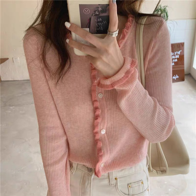 秋上新！ER家韩国东大门ins木耳卷边显瘦甜美短款针织开衫上衣F29