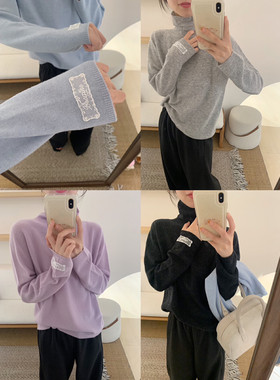 100%羊毛）韩国东大门 柔软34支蕾丝袖标高领针织衫上衣c68