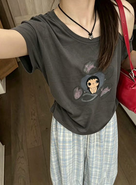 东大门一字领卡通印花短袖T恤