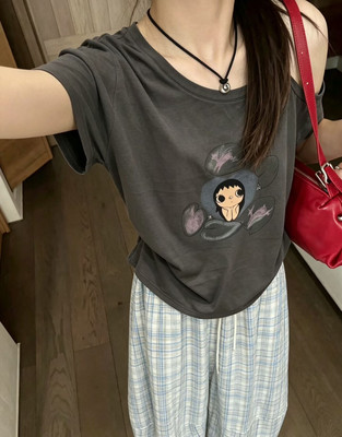 东大门一字领卡通印花短袖T恤
