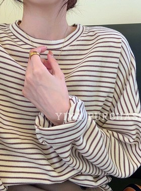 现货 mon家韩国东大门 小众慵懒风宽松条纹上衣宽松T恤打底衫