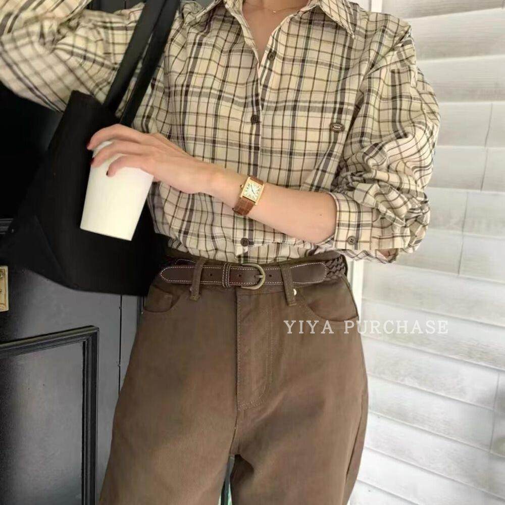 格纹小标设计长袖衬衫