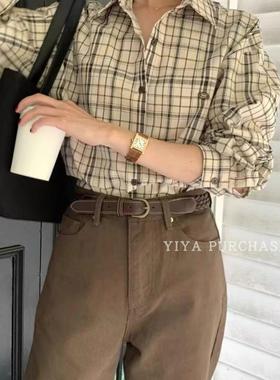 Eve-a韩国东大门 秋季新款复古经典休闲格纹小标设计长袖衬衫F323