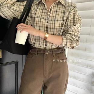 新款 秋季 复古经典 休闲格纹小标设计长袖 F323 Eve 衬衫 a韩国东大门