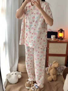 夏季A类纯棉双层纱猫家居服套装