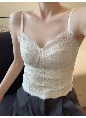轻熟纯欲v领鱼骨收腰蕾丝吊带女夏季带胸垫修身内搭背心打底上衣