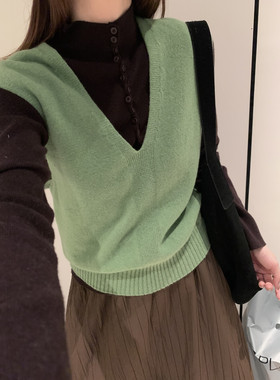 100%羊毛）韩国东大门 亮色显白深V领针织马甲背心 叠穿毛衣背心