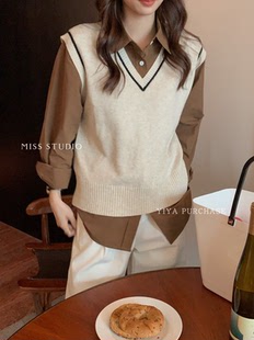 现货！叠穿毛衣背心～韩国东大门 学院风V领针织马甲背心女F270