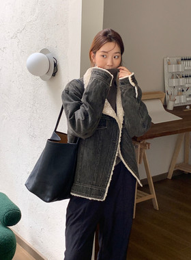 现货～100%棉）韩国东大门 不规则立领男友大版羊羔绒保暖外套