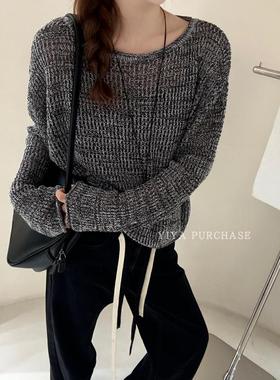 KOREN韩国东大门 秋装复古高级感灰色～慵懒风花纱针织衫上衣F77