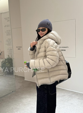 现货90%白鸭绒）韩国时尚连帽小众龟背排骨宽松羽绒服大头花同款