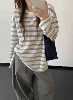 现货！Rstu家韩国东大门 慵懒风松弛感宽松撞色条纹长袖T恤上衣女