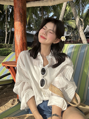 mon家韩国东大门2026春季 慵懒风宽松条纹肌理感衬衫防晒上衣