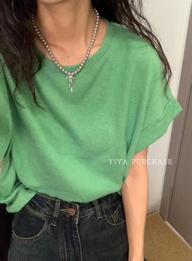 现货 30%亚麻65%棉）韩国东大门 多色百搭 纯色宽松短袖T恤上衣女