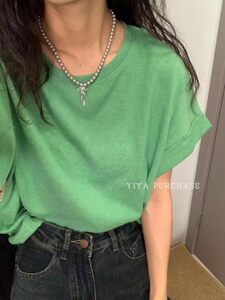 现货 30亚麻65棉）韩国东大门 多色百搭 纯色宽松短袖T恤上衣女