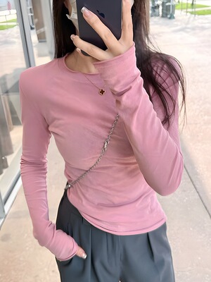 纯色薄款长袖上衣女韩版卷边基础款T恤秋季修身百搭洋气打底小衫
