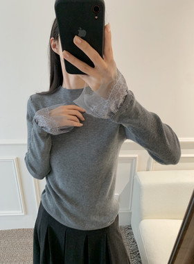 30.3%绵羊毛）韩国气质蕾丝花边拼接花苞袖～套头针织衫上衣F355