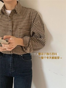 宽松上衣 格子衬衫 EVe家韩国东大门冬季 小众复古磨毛慵懒风长袖