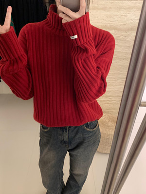 净版坑条修身高领针织衫毛衣