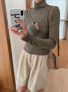 现货～韩国简约小众百搭 假两件设计显瘦高领针织衫背心上衣F230