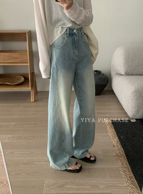 现货 Tab家韩国东大门 薄绒复古休闲宽松显瘦直筒裤水洗牛仔裤165