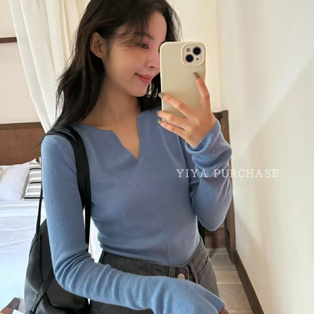 羊毛混纺V领显瘦修身打底针织衫