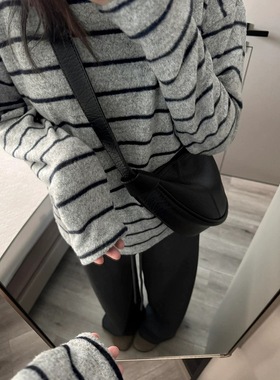 egg家韩国东大门 经典条纹休闲宽松磨毛双面绒针织衫圆领上衣卫衣